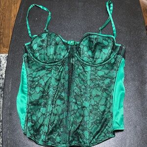 Victoria's Secret Green Satin Black Lace Bustier 36C